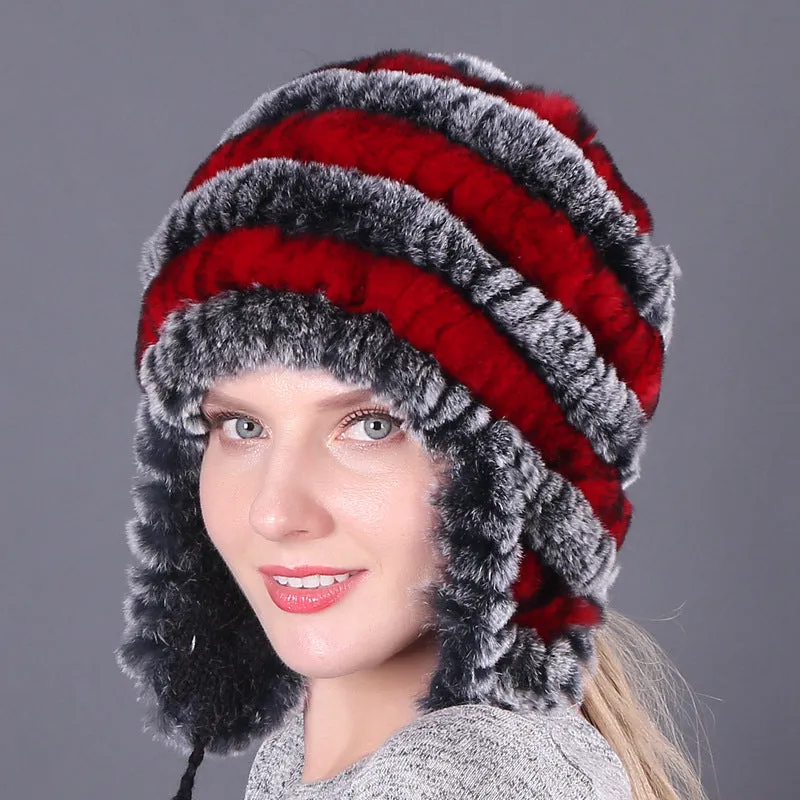 Thickened warm rex rabbit fur hat ear protection hat fur cotton hat ladies wool hat autumn and winter