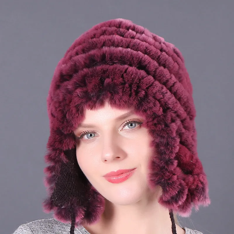 Thickened warm rex rabbit fur hat ear protection hat fur cotton hat ladies wool hat autumn and winter