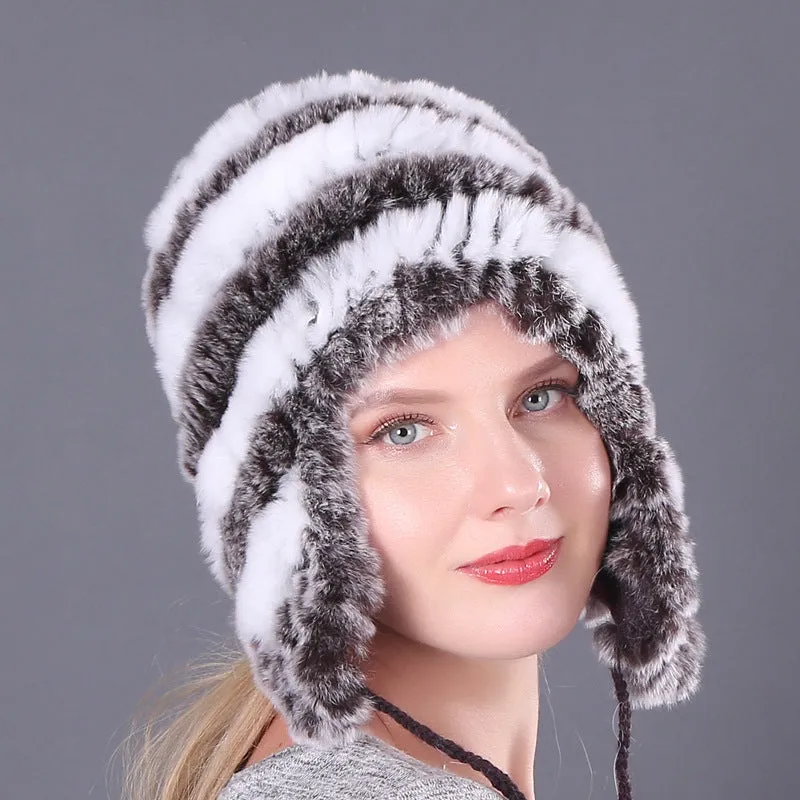 Thickened warm rex rabbit fur hat ear protection hat fur cotton hat ladies wool hat autumn and winter