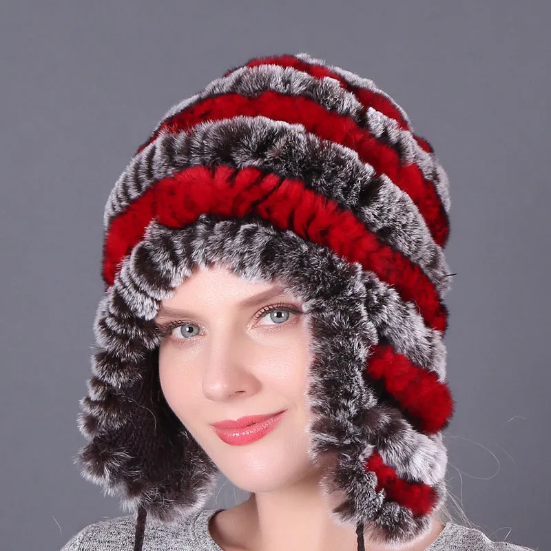 Thickened warm rex rabbit fur hat ear protection hat fur cotton hat ladies wool hat autumn and winter