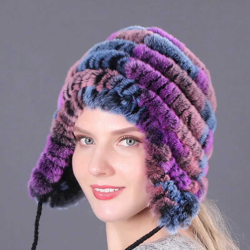 Thickened warm rex rabbit fur hat ear protection hat fur cotton hat ladies wool hat autumn and winter