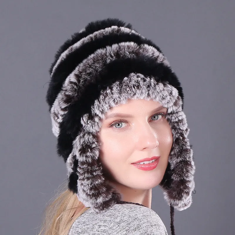 Thickened warm rex rabbit fur hat ear protection hat fur cotton hat ladies wool hat autumn and winter