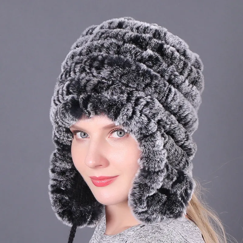 Thickened warm rex rabbit fur hat ear protection hat fur cotton hat ladies wool hat autumn and winter