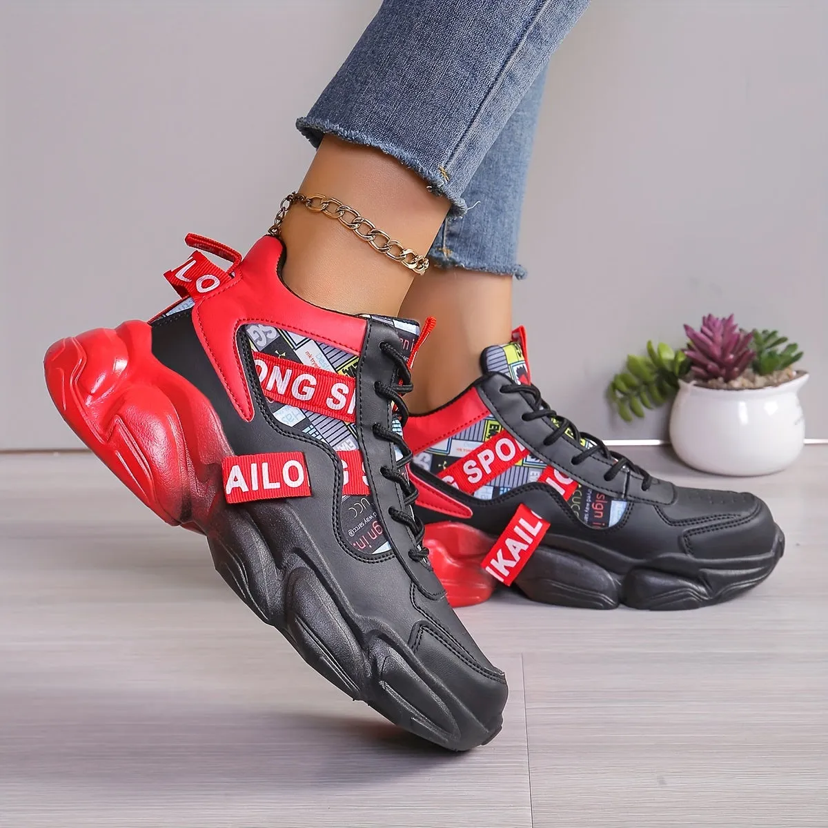 Women's Colorblock High-Top Sneakers, Lace-Up Breathable Platform Trainers