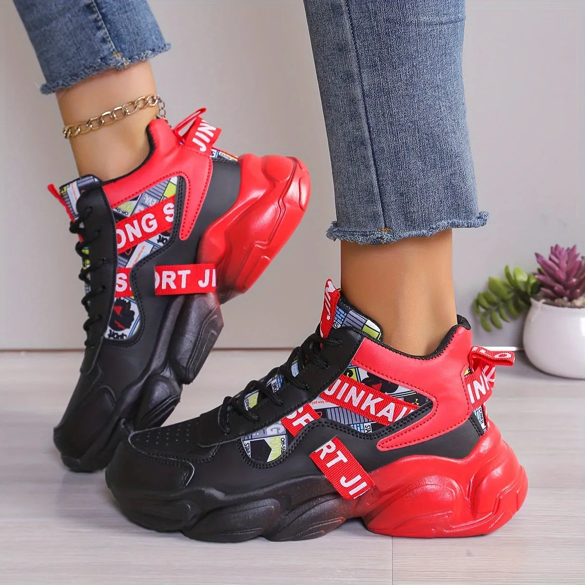 Women's Colorblock High-Top Sneakers, Lace-Up Breathable Platform Trainers
