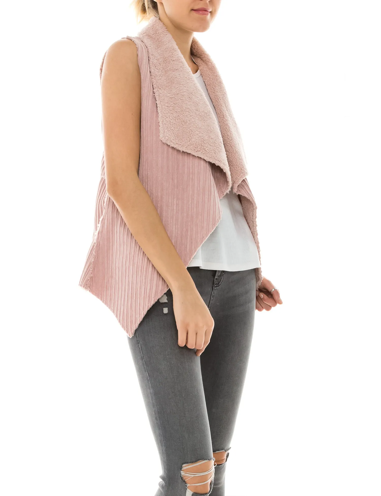 Womens Faux Fur Shearing Fully Lined Suede Vest Coat with Stripe Textured